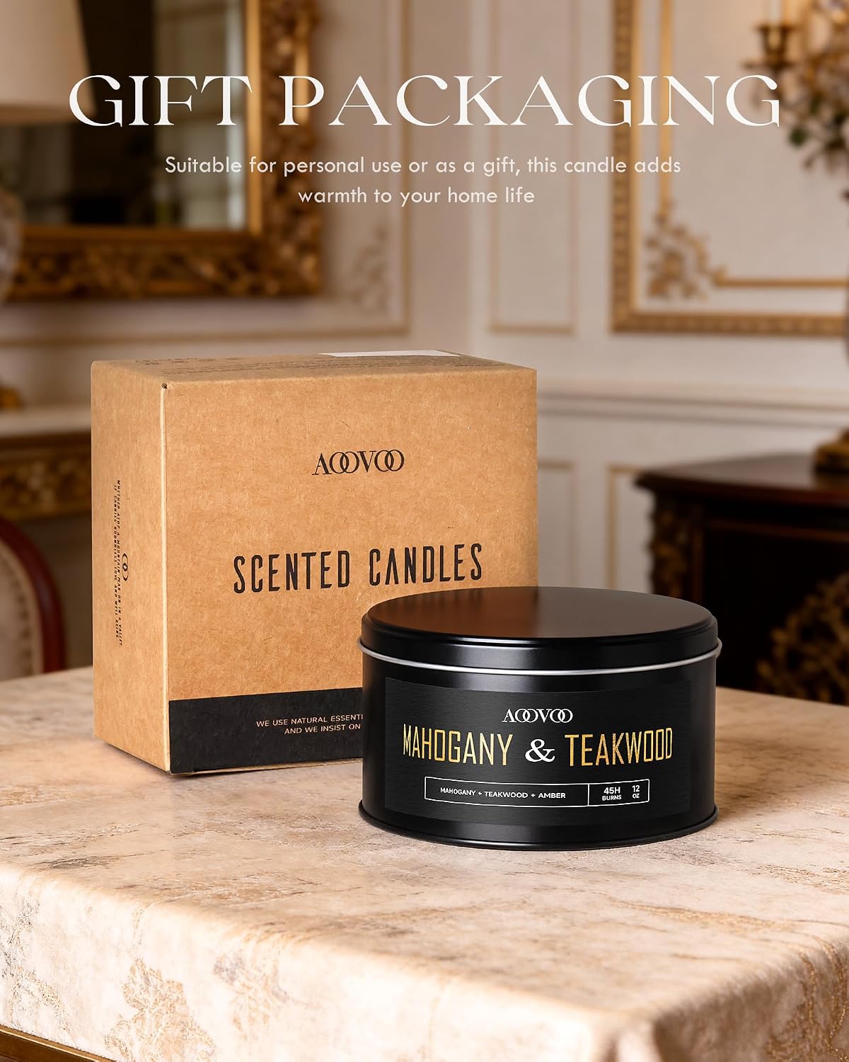 AOOVOO Mahogany Teakwood Candles for Men - 3 Wick 12oz Large Scented Candle, Long Lasting Soy Candles for Home Scented, Strong Fragranced Masculine Black Candle Gift for Father Day, Women & Men