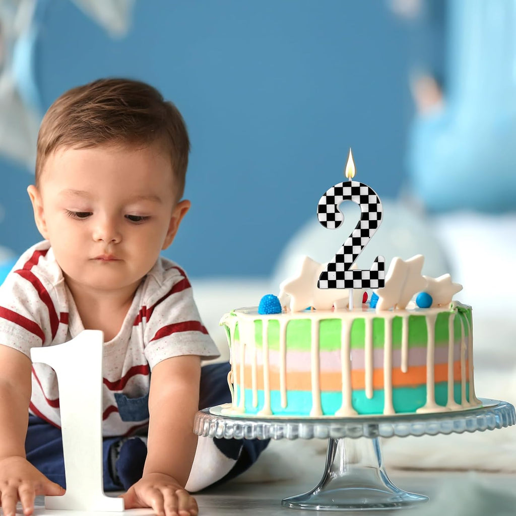 Racing Cars Themed Birthday Candle, Checkered Flag Number Candles Black and White Candles Happy Birthday Cake Topper Party Decorations for Boys Racing Cars Themed Party Supplies (Number 2)