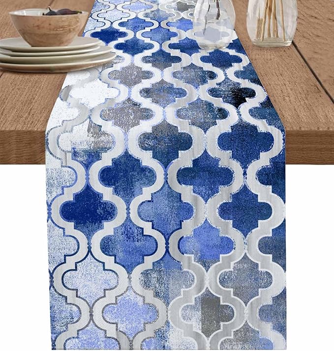 Blue Morocco Plaid Cotton Linen Table Runner for Dining Kitchen, Wedding Outdoor Party Tablerunners Decoration, Distressed Abstract Painted Vintage Dresser Scarf Coffee Tablecloth Runners 13x90 Inches