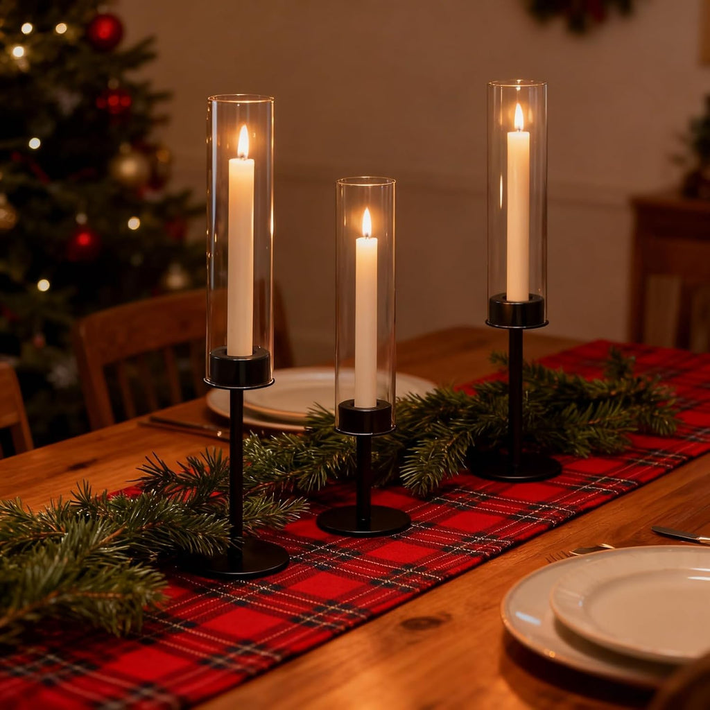 Black Hurricane Glass Candle Holders Set of 3 Tall Taper Candlestick Holder | Metal Candle Stick Holders, for Dining Dinner, Weddings, Christmas Fireplac Decorations, Table Centerpieces Decor