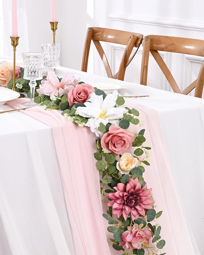 Waipfaru 8.85Ft Flower Garland, Eucalyptus Greenery Garland with Flowers, Pink Rose Floral Vines for Wedding Reception Table Mantle Room Spring Summer Decor (Pink)