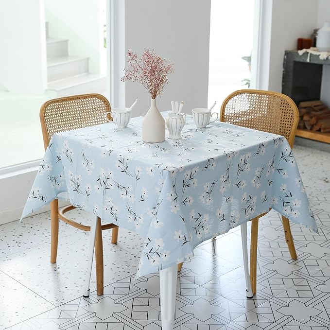 Pastoral Square Tablecloth - 52 x 52 Inch - Linen Fabric Table Cloth - Washable Table Cover with Dust-Proof Wrinkle Resistant for Restaurant, Picnic, Indoor and Outdoor Dining, Floral (Light Blue)