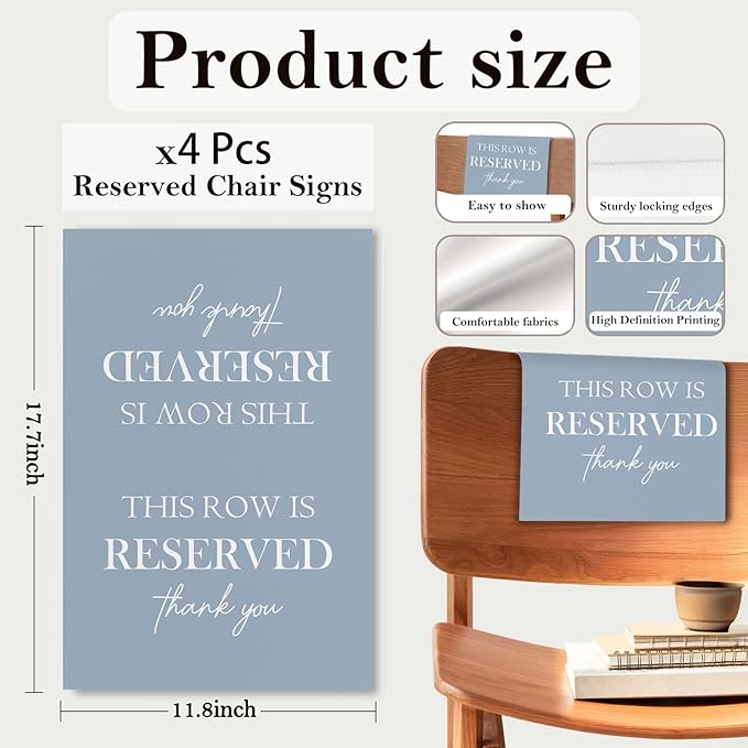 Reserved Seating Chair Signs, This Row Is Reserved Pew Cloths Seating Placeholder for Church Pews, Dusty Blue Wedding Decorations for Reception Parties Event (Dusty Blue, 4 PCS)
