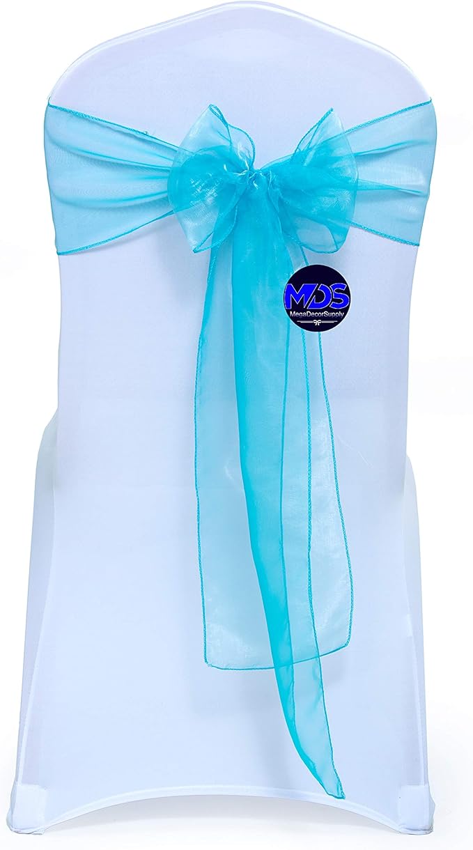 MDS Pack of 100 PCS Organza Chair Sashes Wider Dining Chair Bows Ribbon Tie Back for Wedding Party Birthday Bridal Shower Reception Event Banquet Home Chair Cover Decoration - Light Teal