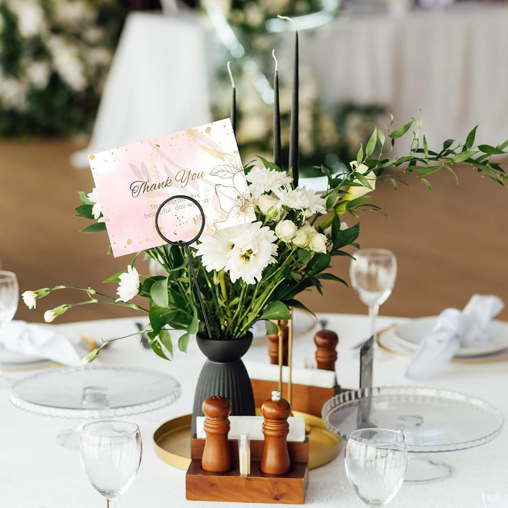 Hotop 30 Pcs Floral Card Holder Pick Metal Wire Flower Place Card Stick 13.4 in Picture Photo Memo Holder Round Floral Gift Stick Clip for Centerpiece Table Wedding Baby Shower Party Favor (Black)