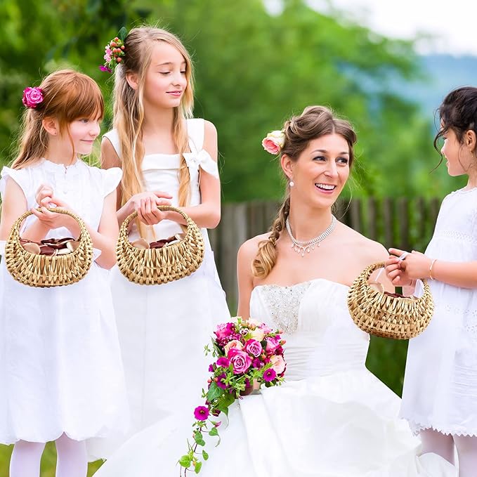 Taiyin 3 Pack Rattan Flower Girl Basket Small Half Moon Straw Wicker Basket with Handle Ideal for Wedding Flower Girl,Picnic,Garden Storage and Home Decor (Nature)