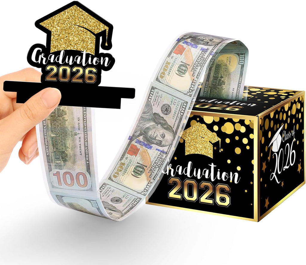 Linelglobal 2026 Graduation Box for Cash Gift, Pull Out Money Box for Boys Girls, Congrats Grad Surprise Funny Black Gold