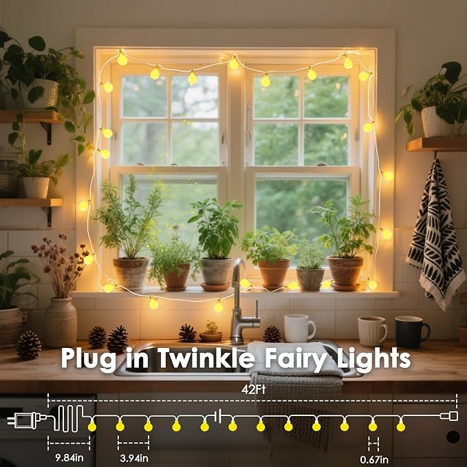 LORRYTE Connectable 43FT 100LED Globe String Lights | 8 Modes Warm White Christmas String Lights Plug in with Remote | Hanging Fairy Light for Indoor Outdoor Bedroom Party Christmas Tree Decor
