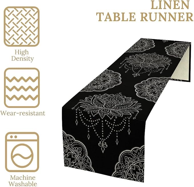 Lotus Flower Table Runner, Bohemian Ethnic Oriental Mandala Black White Floral Print Table Runner for Home Kitchen Dining Indoor Outdoor Dinner Party Decor, 13x90inch
