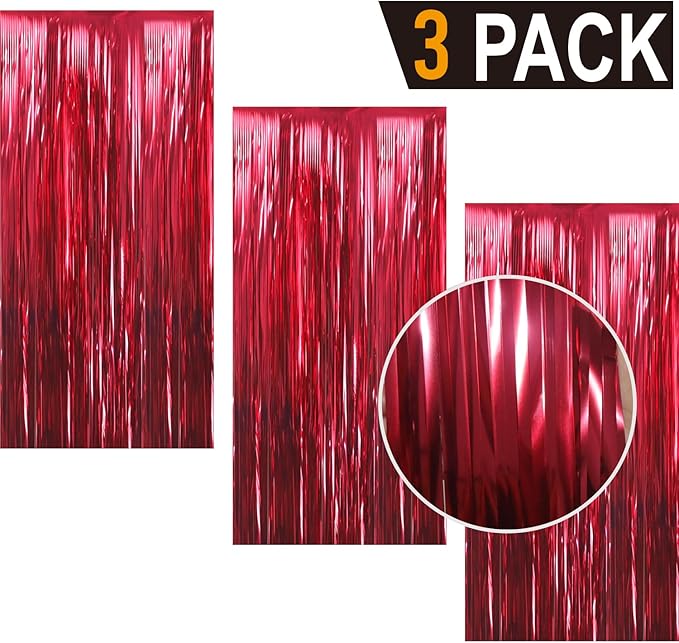 GOER 3.2 ft x 9.8 ft Metallic Tinsel Foil Fringe Curtains Party Photo Backdrop Party Streamers for Birthday,Graduation,New Year Eve Decorations Wedding Decor (3 Pcs,Burgundy)