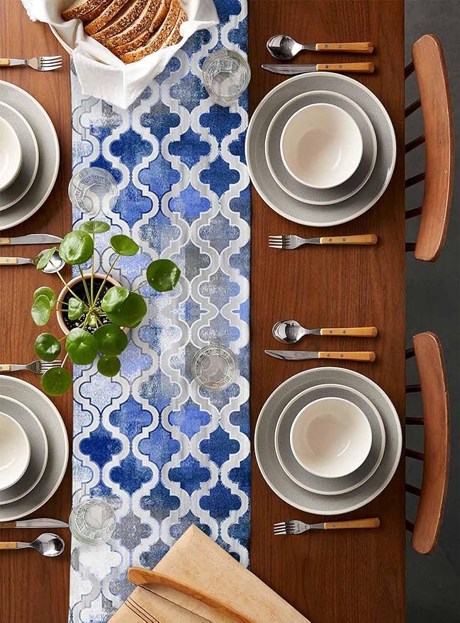 Blue Morocco Plaid Cotton Linen Table Runner for Dining Kitchen, Wedding Outdoor Party Tablerunners Decoration, Distressed Abstract Painted Vintage Dresser Scarf Coffee Tablecloth Runners 13x72 Inches