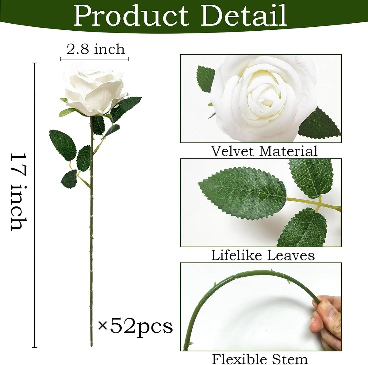 white roses artificial flowers with stems for home, side view