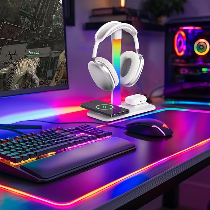 Headphone Stand with Wireless Charger,Gaming Headset Stand with RGB Light Mode,Airpod Max Stander Compatible with Airpod Pro/3/2,iPhone 16/15/14/13/12/11,Gifts for Gamers & Music Lover (White)