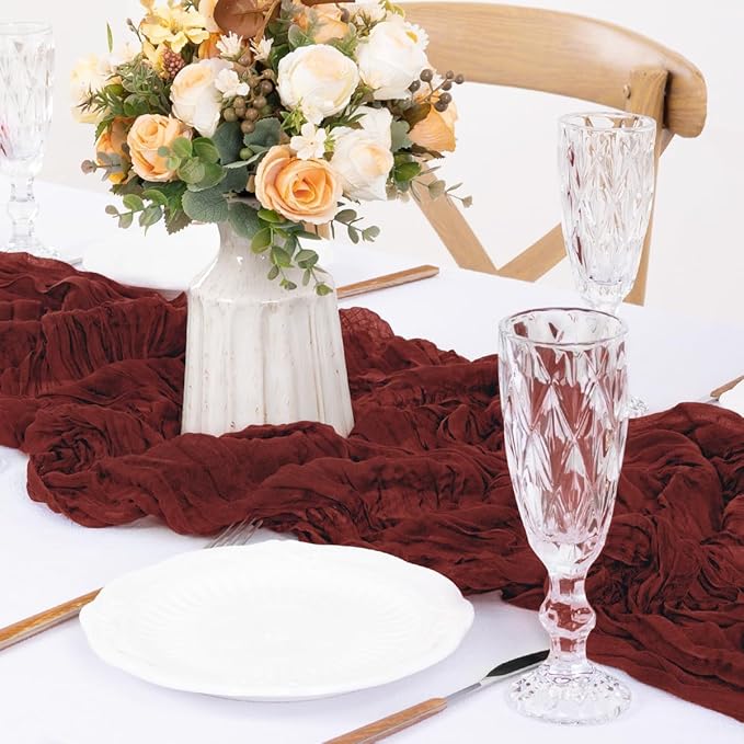 MLMW 4 Pack Christmas Table Runner Cheesecloth Burgundy Boho Cheese Cloth 160 inch Gauze Rustic Sheer Table Runner 13.3ft for Party Wedding Baby Bridal Shower Birthday