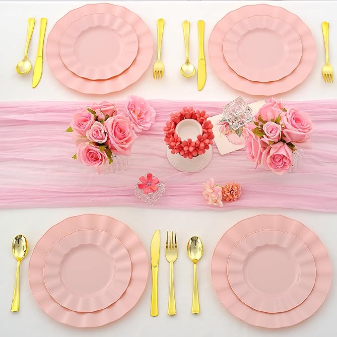 60Pcs Premium Pink Plastic Plates, Fancy Nice Disposable Plate, Elegant Wedding Plates Set include 30 10" Dinner & 30 7" Dessert Plates for Party & Wedding（30Guests