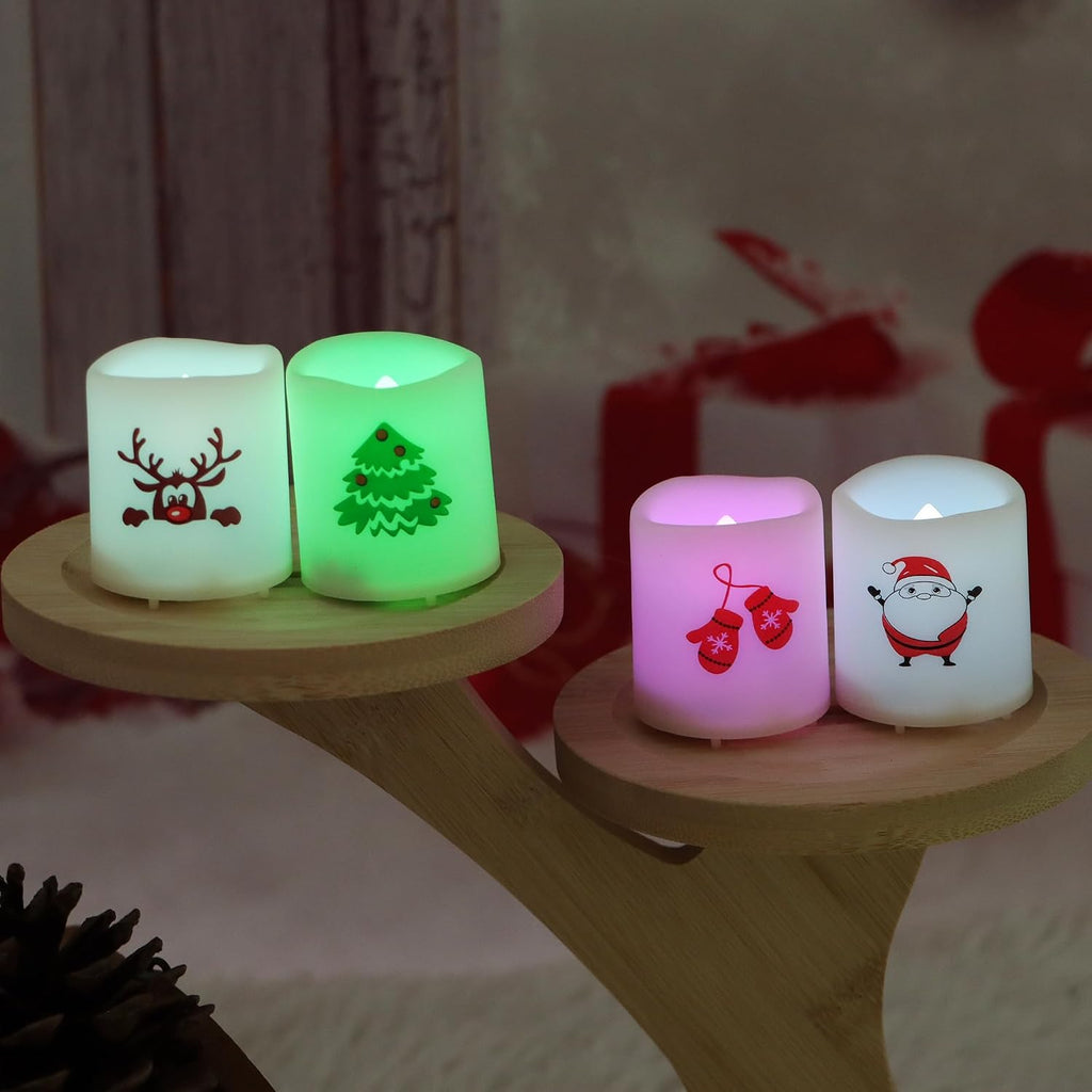 CANDLE CHOICE Christmas Color Changing Battery Operated Flameless Votive Candles Small Realistic Electric LED Votives with Christmas Theme Decals for Xmas Party Decorations 12 Pack Batteries Included
