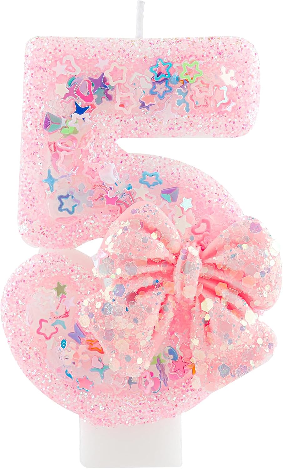 Pink Glitter Candle with Bow, Cute 5th Birthday Cake Topper, Number Candle with Confetti & Star Heart Decorations, Sweet Themed Birthday Party Supplies for Girls, Anniversary & Celebration Decor