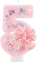 Pink Glitter Candle with Bow, Cute 5th Birthday Cake Topper, Number Candle with Confetti & Star Heart Decorations, Sweet Themed Birthday Party Supplies for Girls, Anniversary & Celebration Decor