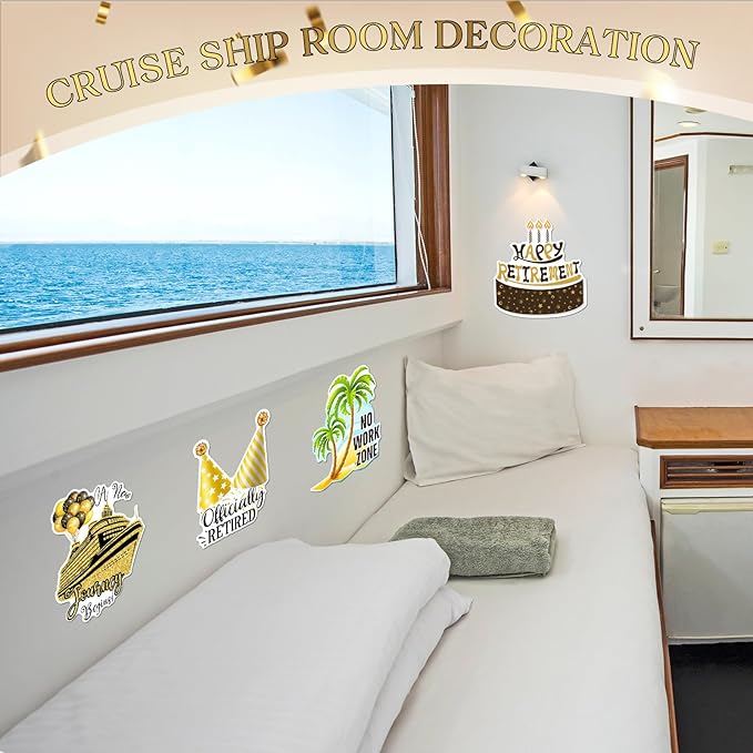 Hoteam 4 Pcs Retirement Cruise Door Decorations Magnetic Large Happy Retirement Cruise Ship Door Magnets Funny Waterproof Nautical Magnets for Carnival Cabin Stateroom Fridge Car