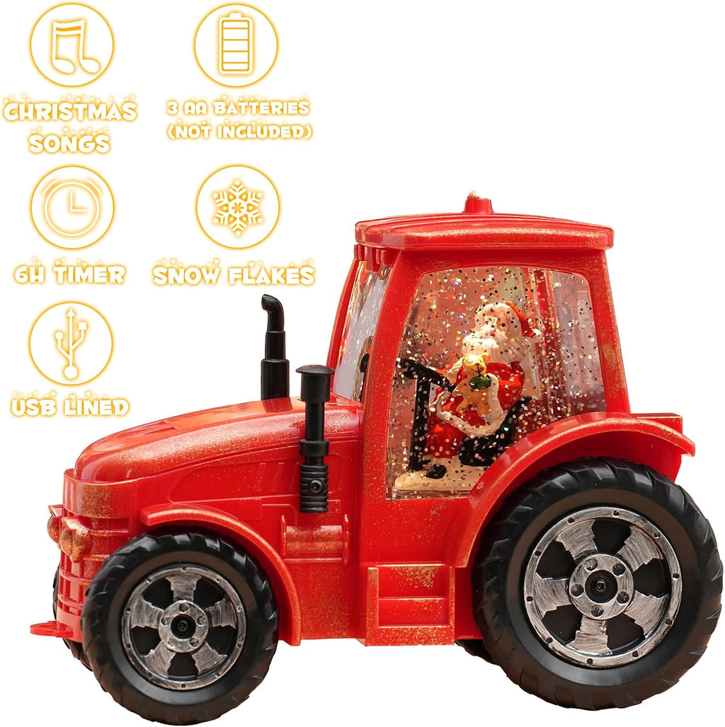 Christmas Snow Globe Lantern, Musical Lighted Red Tractor Snow Globe, 6H Timer, Battery & USB Powered Spinning and Swirling Glitter Christmas Santa Snow Globes Decorations Gifts for Old Man, Father