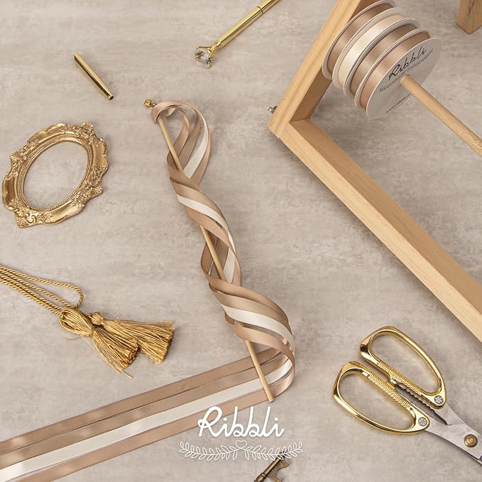 Ribbli Champagne Satin Ribbon 3/8 Inch x 4 Rolls Total 40 Yards-Ivory Champagne Ribbon for Gift Wrapping Craft Wedding Decoration