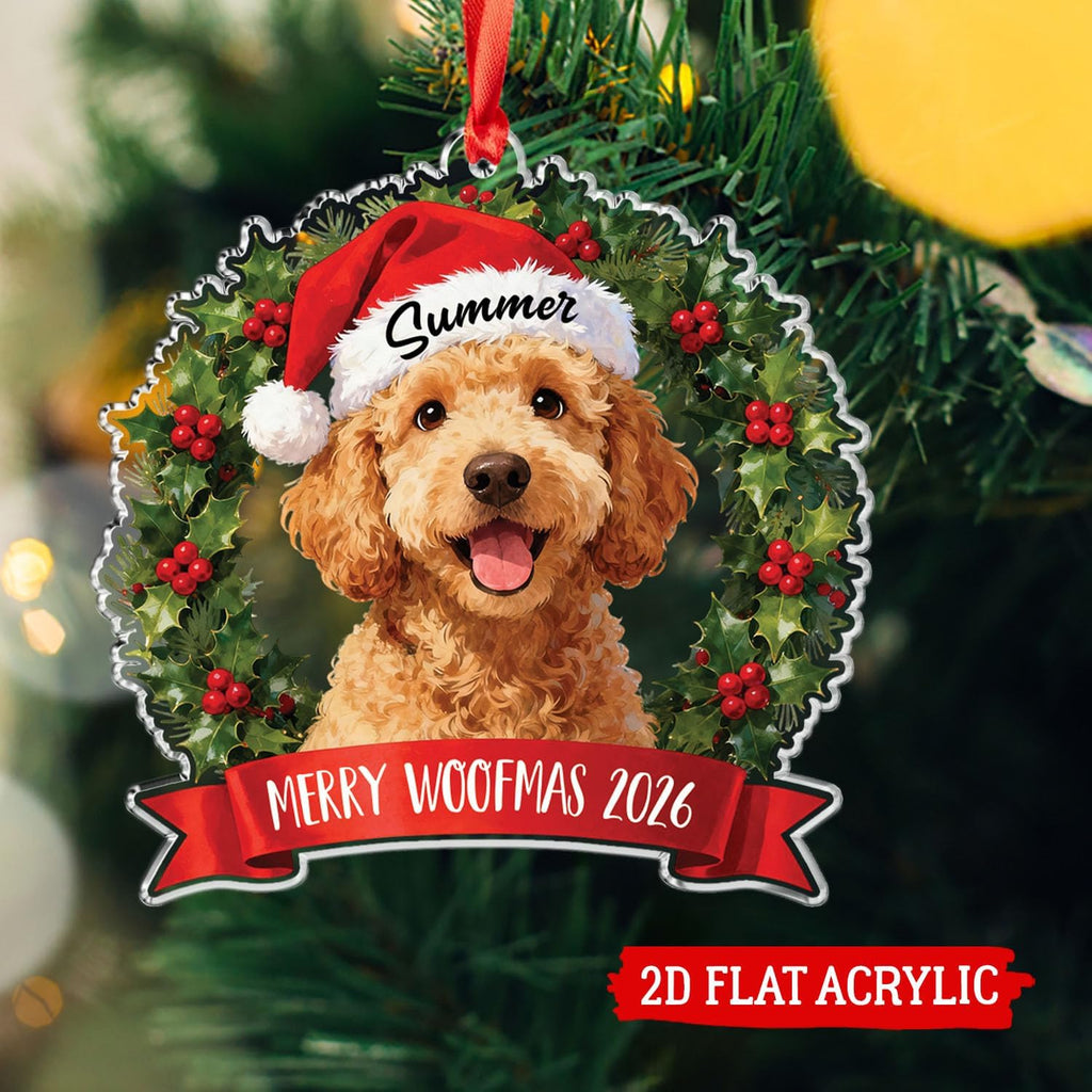 Personalized Goldendoodle Dog Christmas Ornament, Dog Wearing Santa Hat 2D Flat Acrylic Ornament, Gift for Dogs Dad Mom Pet Owners, Merry Woofmas 2026 Custom Name & Text Brown Goldendoodle Ornaments