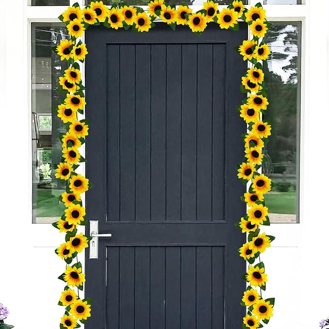 Uieke 3 Pack 7.5ft/Pcs Artificial Sunflower Garland Hanging Sunflower Vines with Green Leaves,Silk Flowers for Home Room Kitchen Garden Wedding Arch Bridal Baby Shower Party Outdoor Decor Medium
