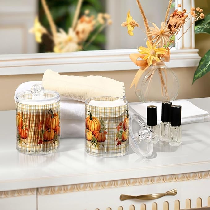 Gredecor 4 Pack Apothecary Jars with Lid Pumpkins Gingham Plaid Qtip Holder Dispenser Storage Containers Clear Plastic Rustic Fall Autumn Thanksgiving Theme Canisters for Bathroom Vanity Organization