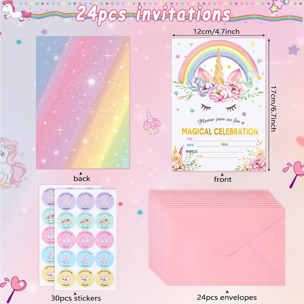 Spakon 24 Pack Unicorn Birthday Invitation for Girls Boys Party Invitation Card 24 Envelope 30 Rainbow Sticker Labels for Birthday Baby Shower Party Supplies