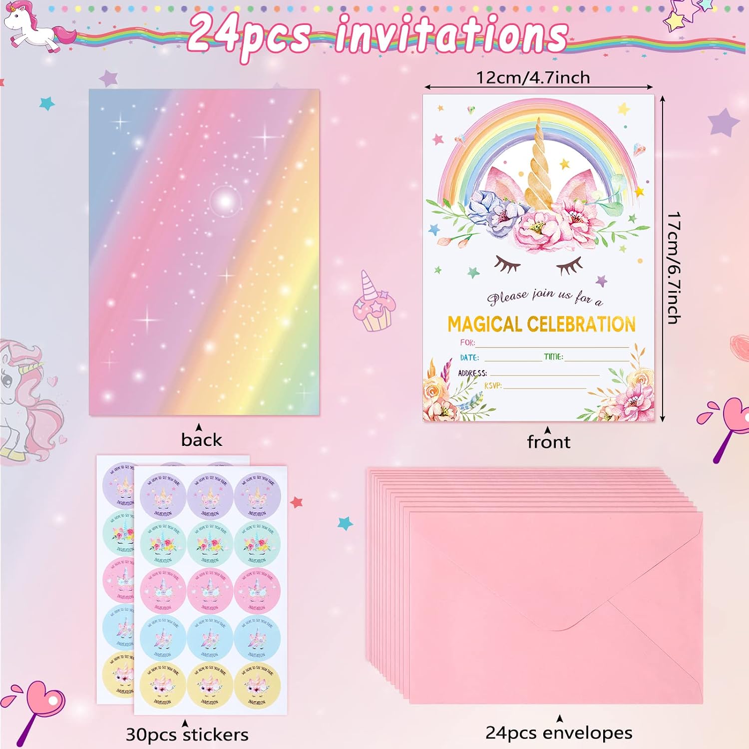 Spakon 24 Pack Unicorn Birthday Invitation for Girls Boys Party Invitation Card 24 Envelope 30 Rainbow Sticker Labels for Birthday Baby Shower Party Supplies