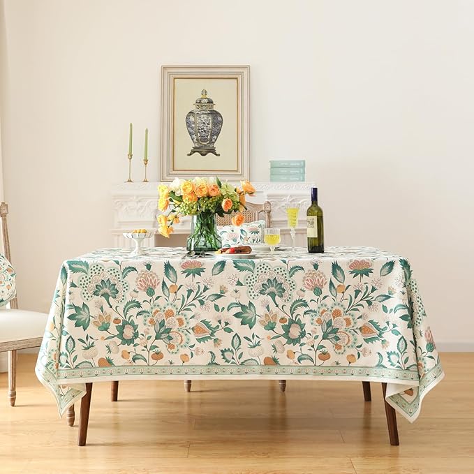 patdrea Designer French Green Table Cloth for Rectangle Table,Vintage Italian Floral Country Linen Extra Long Tablecloth,Decor Cover for Kitchen Dining,Christmas,Thanksgiving,67"x118"-Tree Life