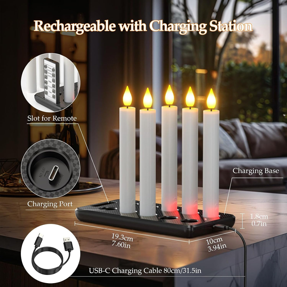 PChero Rechargeable Flameless Taper Candles with Charging Station, 10 Pack