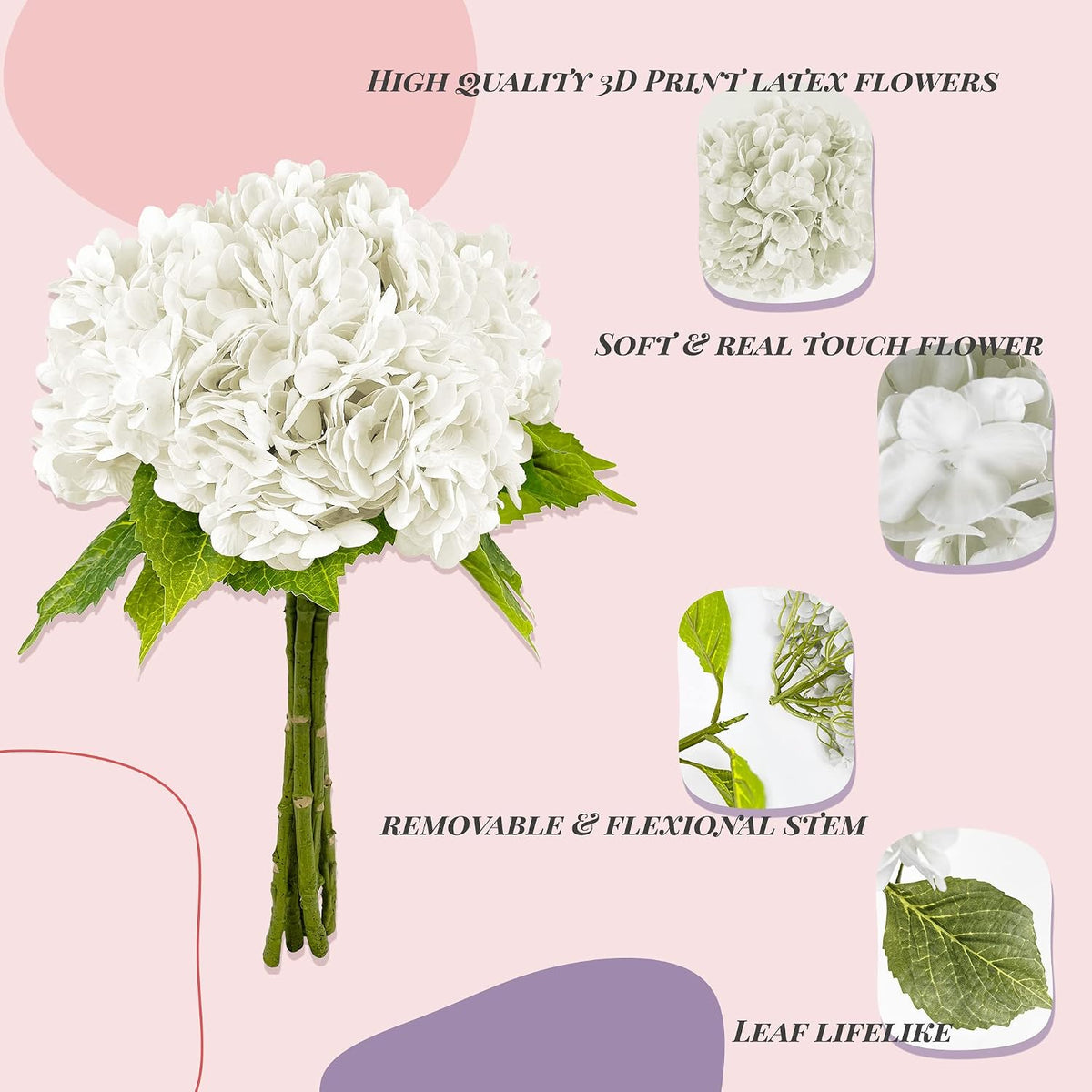 yatim 21in white artificial hydrangea flowers with stems, close-up detail