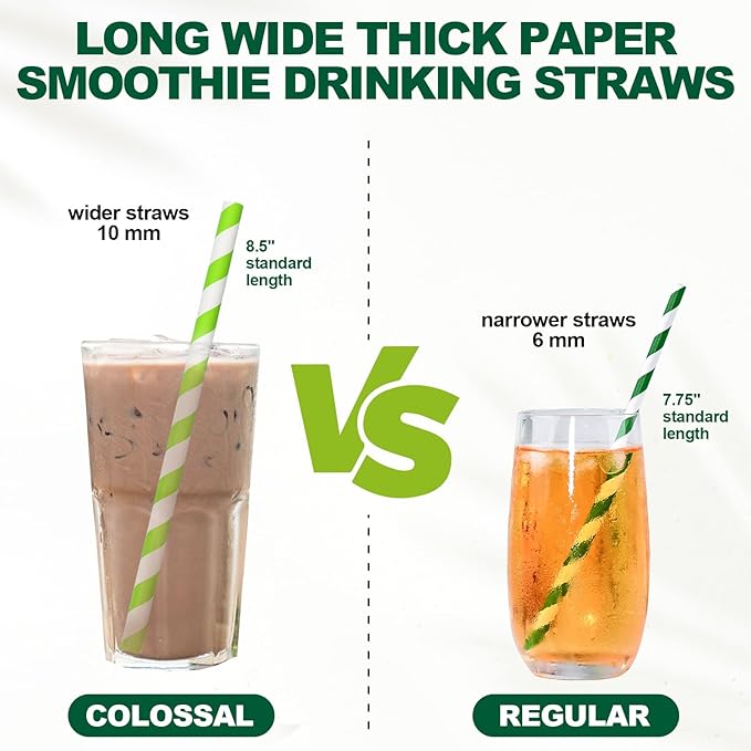 [10mm Wide] 8.5 inch Colossal Paper Straws for Smoothie & Milkshake - Colorful Stripes (Pack of 100)