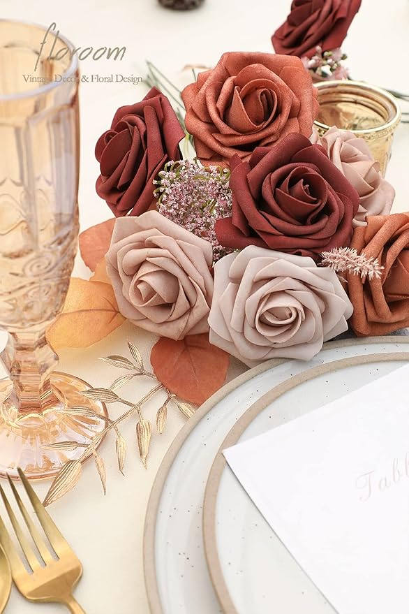 Floroom Artificial Flowers 25pcs Real Looking Terracotta Ombre Colors Foam Fake Roses with Stems for DIY Wedding Bouquets Bridal Shower Floral Centerpieces Party Tables Home Decorations