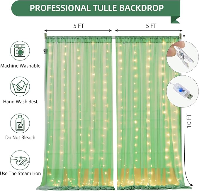 10×10ft Green Tulle Backdrop Curtain with Lights String for Parties, Sheer Photo Curtain Backdrop Drapes for Wedding Party Photography Backgrounds