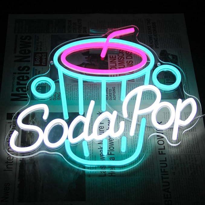 Soda Pop Neon Sign Drink Neon Lights Dimmable Beverage Cup LED Signs for Wall Business Sign Cocktail Neon Light Up Sign for Food Drink Restaurant Dessert Shop Bar Kitchen Decor