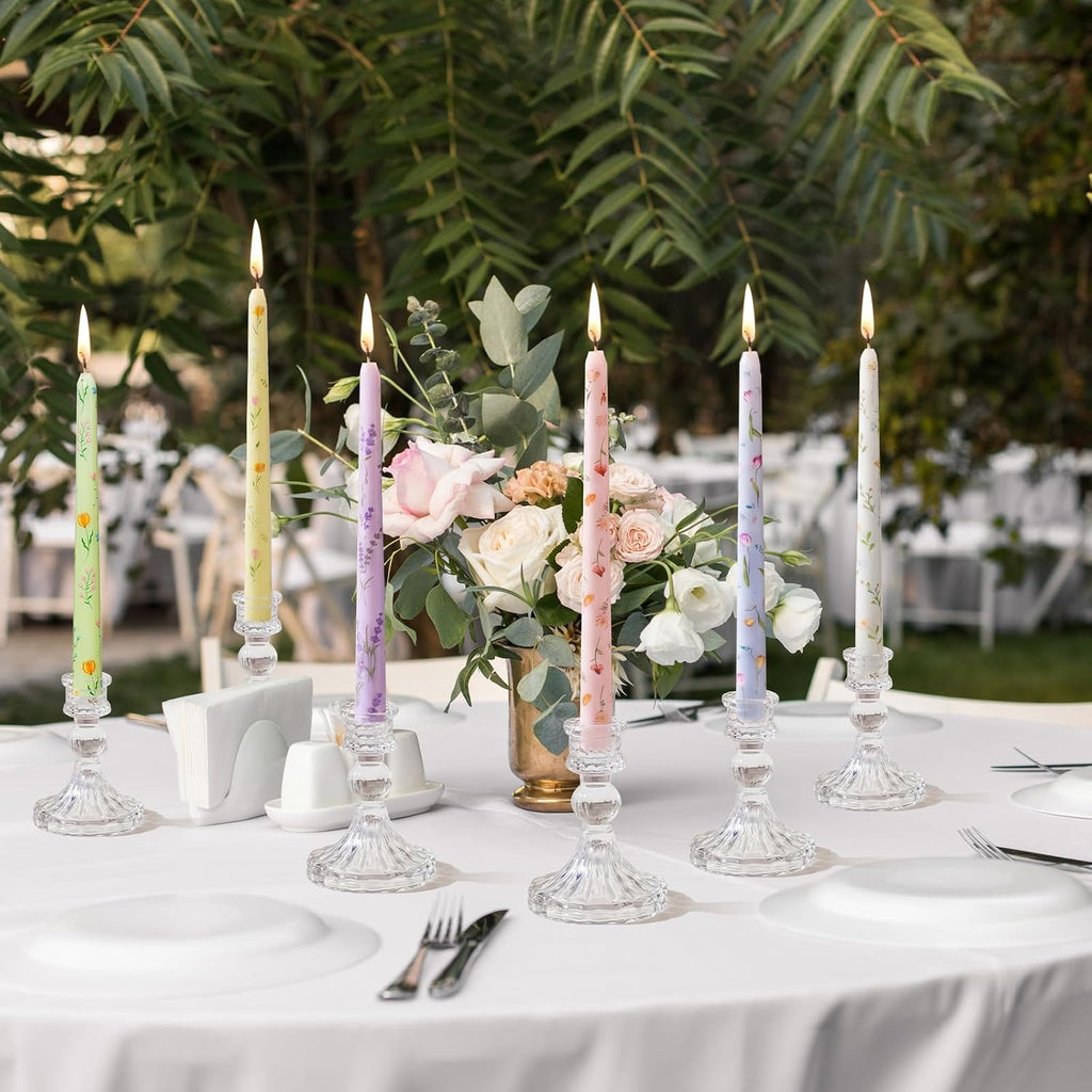 Conelist 12 Pcs 9.8" Floral Long Taper Candles Pastel Flower Candlesticks Tall Smokeless Unscented Decorative Tapered Candles Gifts for Christmas Wedding Home Dinner Party Decorations
