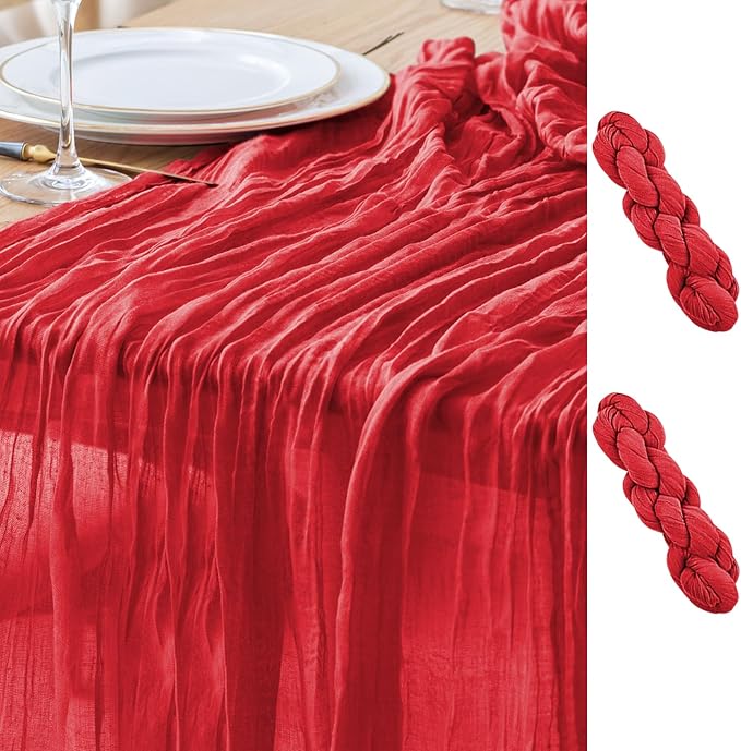 Asee'm 2PCS Fall Table Runner Cheesecloth 10FT Red Boho Gauze Fabric Rustic Sheer Cheese Cloth Runners for Thanksgiving Christmas Wedding Bridal Shower Party