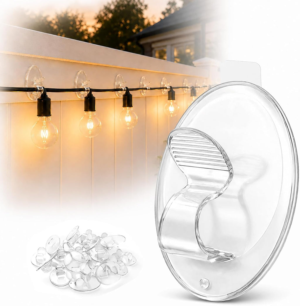 Outdoor String Lights Hooks Clips - 20Pcs Clear Waterproof Adhesive Hangers | 3X Stronger Adhesion - Heavy Duty Removable Sticky Strips No Drill No Residue Indoor Outside Patio Fence Wall Cord Christmas