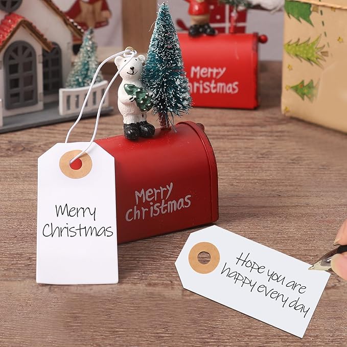 200 Pack White Blank Tags with Elastic String Marking Hang Tags Attached Reinforced Hole Writable Gift Tag for Christmas Gifts Stocking Stuffers 2.75'' x1.37''