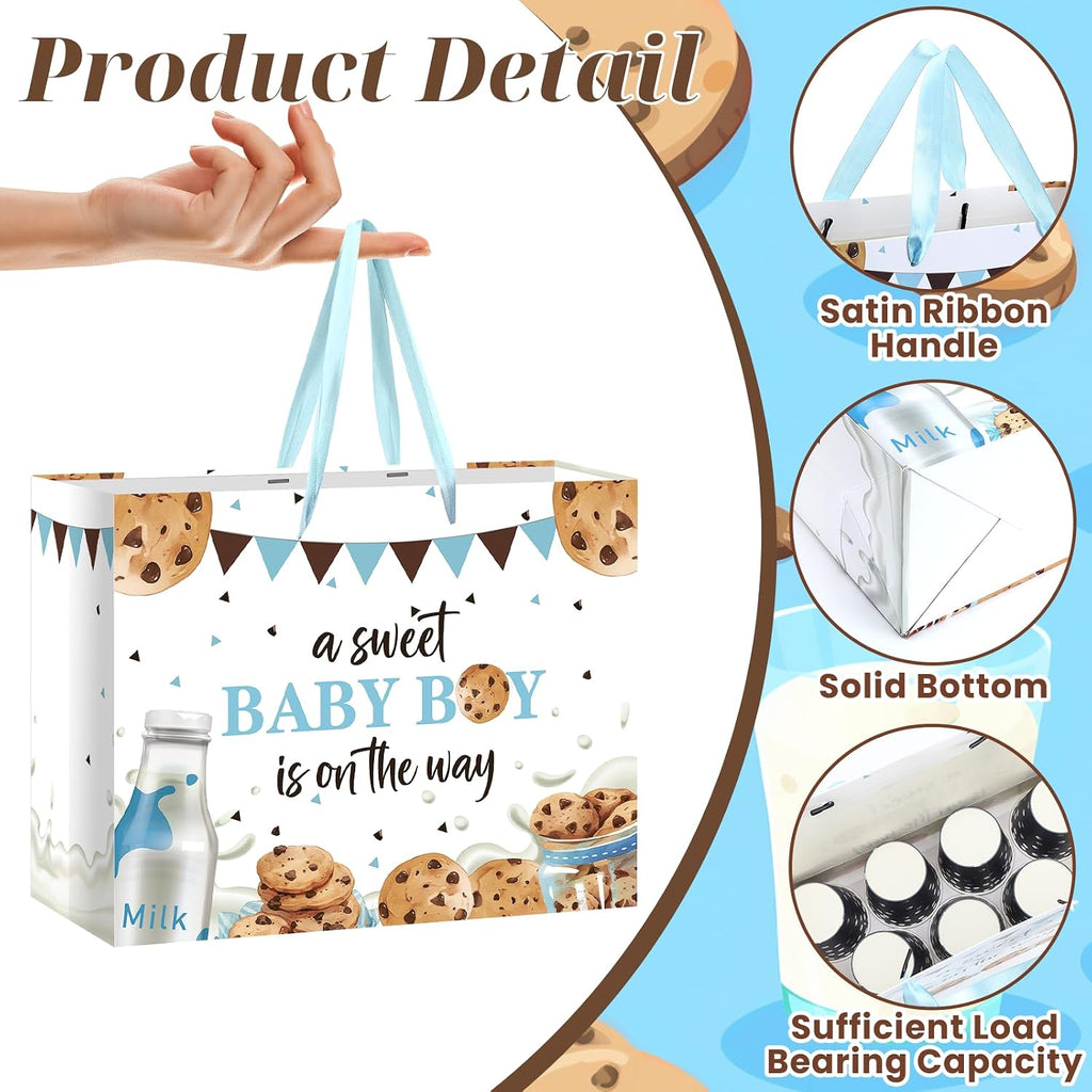 Frakron Baby Boy Shower Gift Bag with Card & Wrapping Tissue Paper Milk and Cookies Theme Party Supplies Large Blue A Sweet Baby Boy is on the Way Gift Wrap Bags for Newborn Gender Reveal Sprinkle