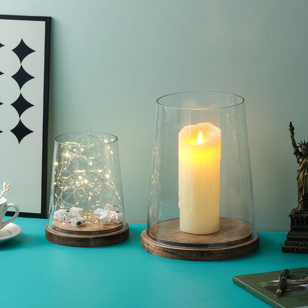 Set of 2 Glass Hurricane Candle Holders with Handmade Sturdy Glass Sleeves and Vintage Natural Wood Base for Pillar Candle & Plants, Industrial, Farmhouse, Display Cloche Bell Jars, Table Centerpiece