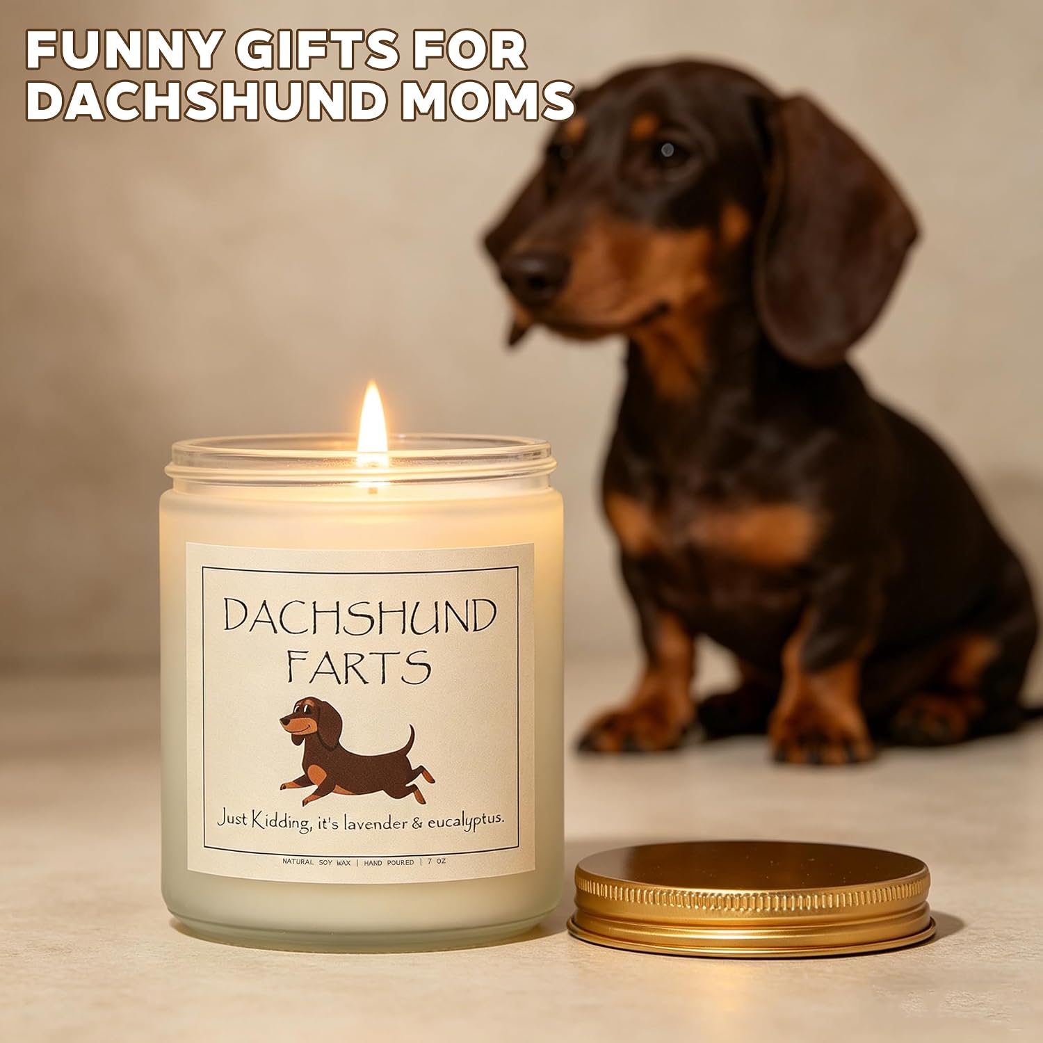 Funny Dachshund Gifts – 100% Soy Wax Scented Candle for Dachshund Lovers, Pet Safe Lavender & Eucalyptus, 50H Burn Time, Weiner Dog Gifts for Women, Unique Dachshund Decor – 7oz