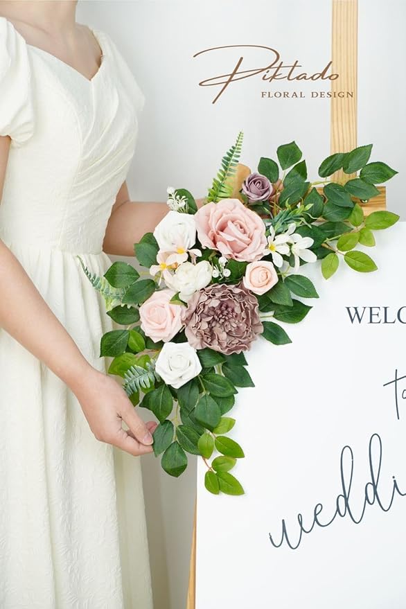 Wedding decor (pack of 2) Welcome Sign Flower Backdrop Garland For Ceremony Reception Wall Easel Home Decoration Entryway Faux Outdoor Board Head Table Decor (Dusty Rose)