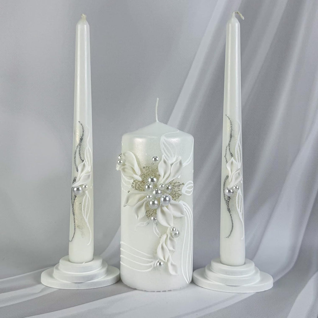 Unity Candle Set - Wedding Ceremony & Reception – 6” Pillar & Two 10” Taper Candles – Long Burning Unity Candles for Marriage Ritual – Handmade in USA – Royal White