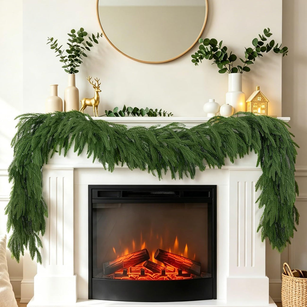 9ft norfolk pine garland, realistic artificial christmas greenery on a desk or shelf