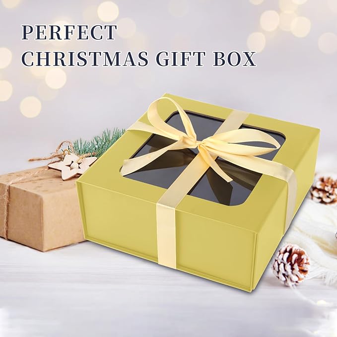 Gold Gift Boxes with Window,7.5"x7.5"x3.1" Bridesmaid Boxe for Gift Giving,Birthday Gift Box with Magnetic,Closure Lid Gift Boxes for Presents,Cute Boxe,Luxury for Gift Packaging,Gift Box for Wrapping Gifts