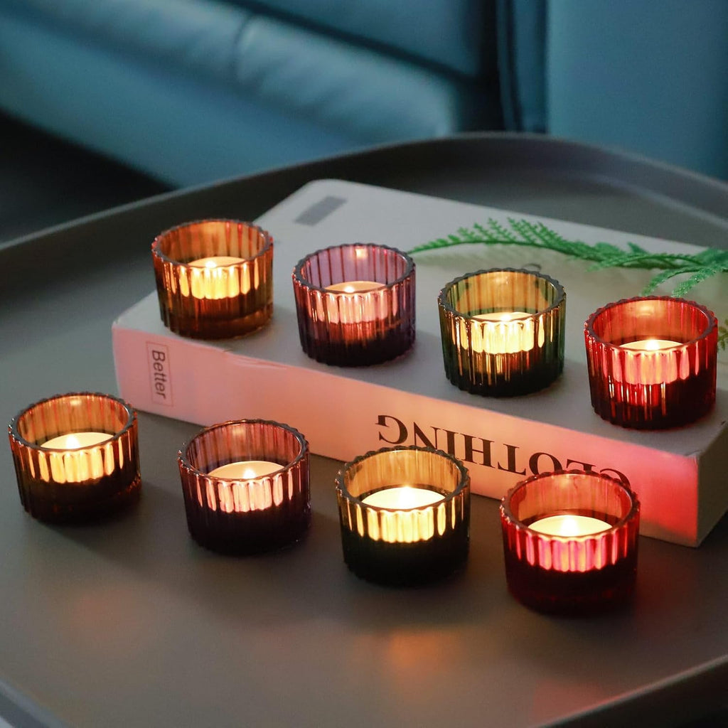 VOHO 4 Colors Tealight Candle Holder Fall Decor Set of 12, Votive Candle Holders for Table Centerpiece, Ribbed Tea Light Candle Holder Glass for Halloween/Thanksgiving/Christmas Decorations/Gifts