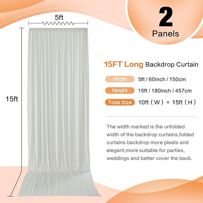10ft x 15ft Ivory Wrinkle Free Backdrop Curtains for Parties,Silky Polyester Fabric Wedding Ceiling Drapes, 2 Panels 15ft Photo Back Drop Drapes for Baby Shower Photography Stage Background Cloth